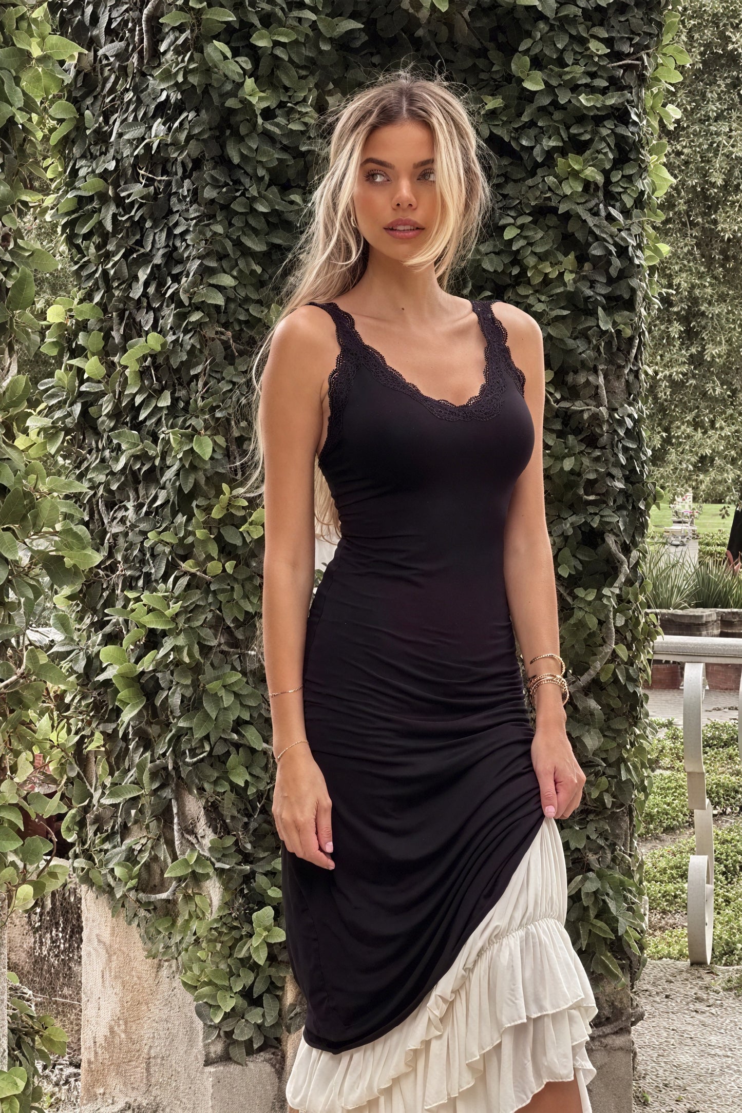 Women's Maxi Dress - Black Bodice, Cream Layered Skirt, Lace Trim, Spaghetti Straps-81026-a9457e07-a2db-49c1-8814-2dae75b9c389