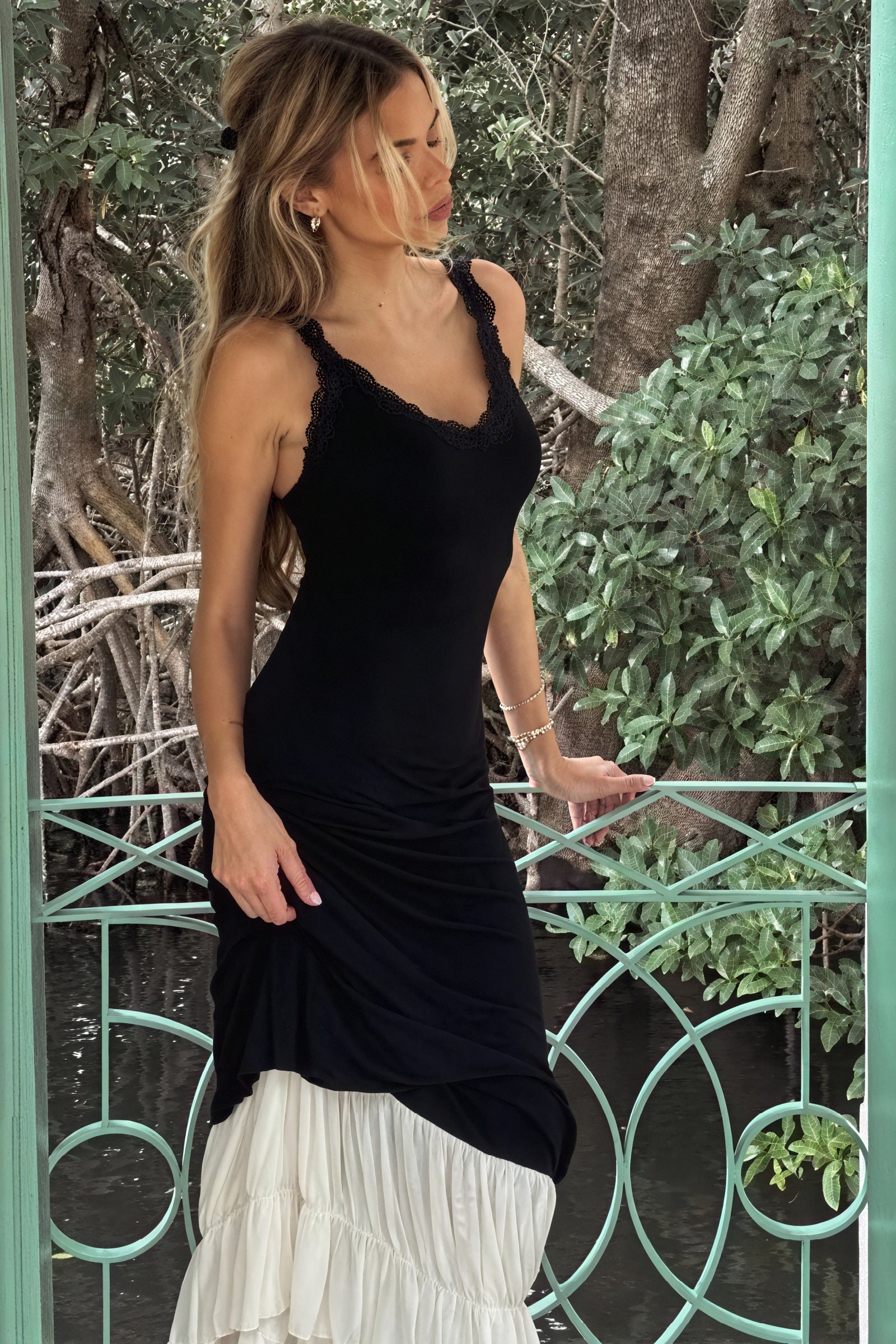 Women's Maxi Dress - Black Bodice, Cream Layered Skirt, Lace Trim, Spaghetti Straps-81026-61236bf0-9adf-4ddb-95e6-6d50d086c6b1