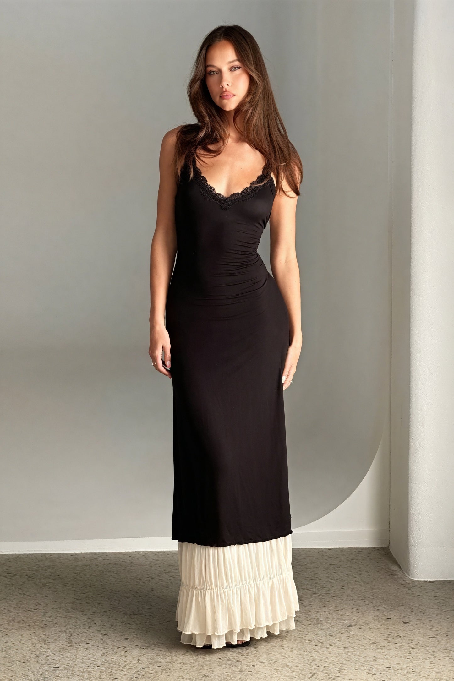 Women's Maxi Dress - Black Bodice, Cream Layered Skirt, Lace Trim, Spaghetti Straps-81026-e0331802-5afe-4c8b-a39b-f131560a291d