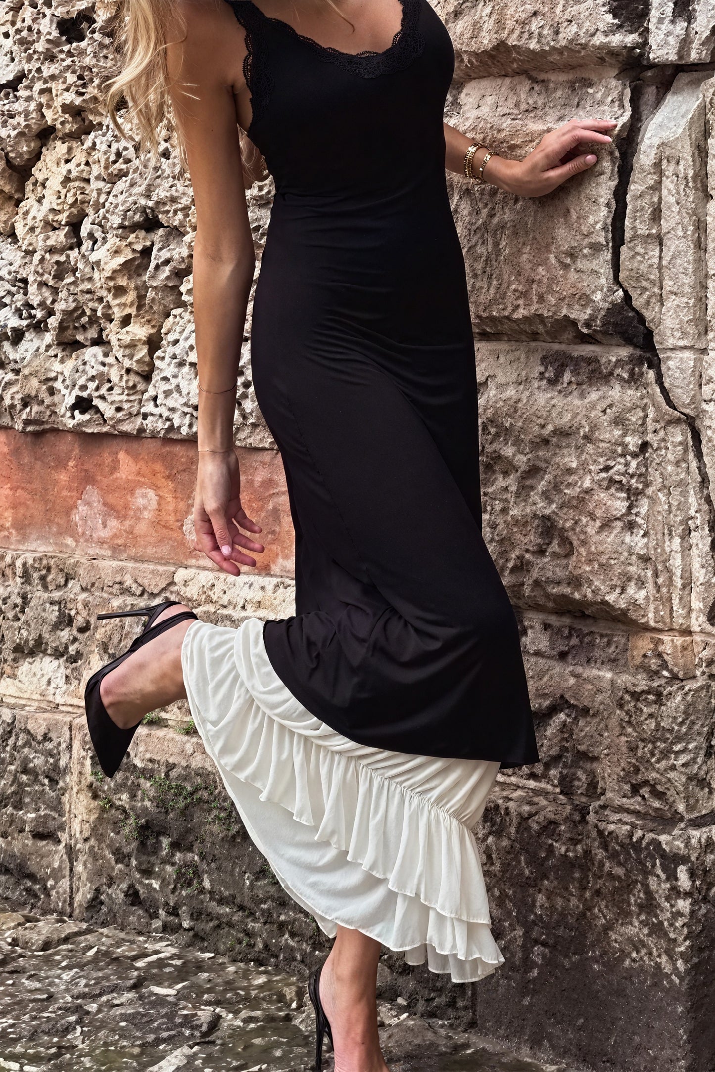 Women's Maxi Dress - Black Bodice, Cream Layered Skirt, Lace Trim, Spaghetti Straps-81026-b0d1d3e4-e7ad-4791-a20a-61aa02ab6a67