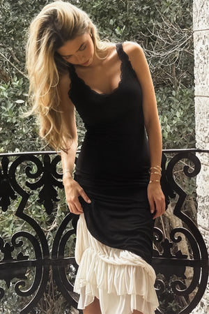 Women's Maxi Dress - Black Bodice, Cream Layered Skirt, Lace Trim, Spaghetti Straps-81026-f89155c5-5059-42b4-b369-186426eec6b9