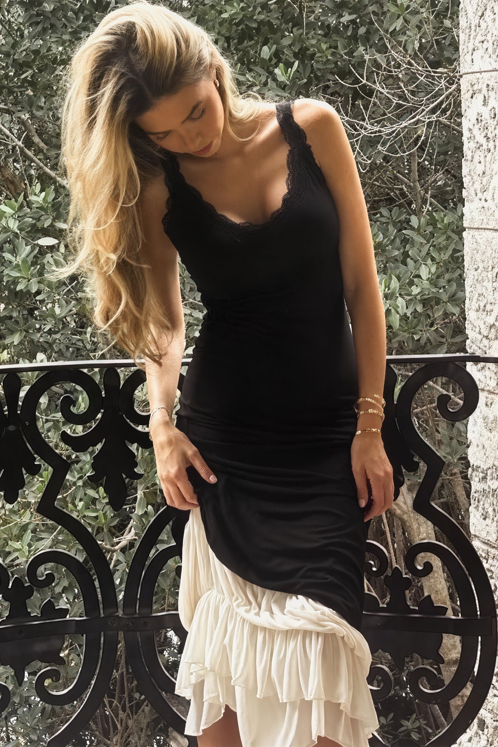 Women's Maxi Dress - Black Bodice, Cream Layered Skirt, Lace Trim, Spaghetti Straps-81026-f89155c5-5059-42b4-b369-186426eec6b9