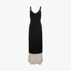 Women's Maxi Dress - Black Bodice, Cream Layered Skirt, Lace Trim, Spaghetti Straps-81026-7947557d-e2c0-4252-9c88-c53bb3b6e275