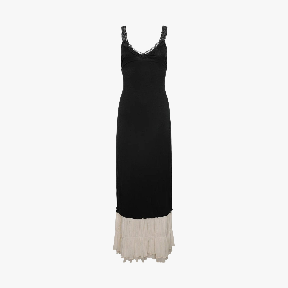 Women's Maxi Dress - Black Bodice, Cream Layered Skirt, Lace Trim, Spaghetti Straps-81026-7947557d-e2c0-4252-9c88-c53bb3b6e275