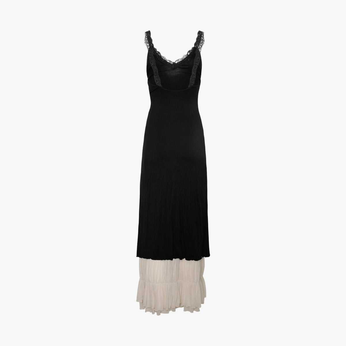 Women's Maxi Dress - Black Bodice, Cream Layered Skirt, Lace Trim, Spaghetti Straps-81026-45375c61-157b-4c21-9310-e18687a4f5bb