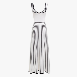 Women's Off-White Midi Dress – Square Neck, Button-Down Bodice, Striped A-Line Skirt-81027-fee366b3-d8c3-461c-bc7b-b9624f36d62d