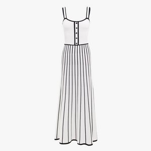 Women's Off-White Midi Dress – Square Neck, Button-Down Bodice, Striped A-Line Skirt-81027-d683cab6-5eba-4c0f-9374-cd6f57c56148