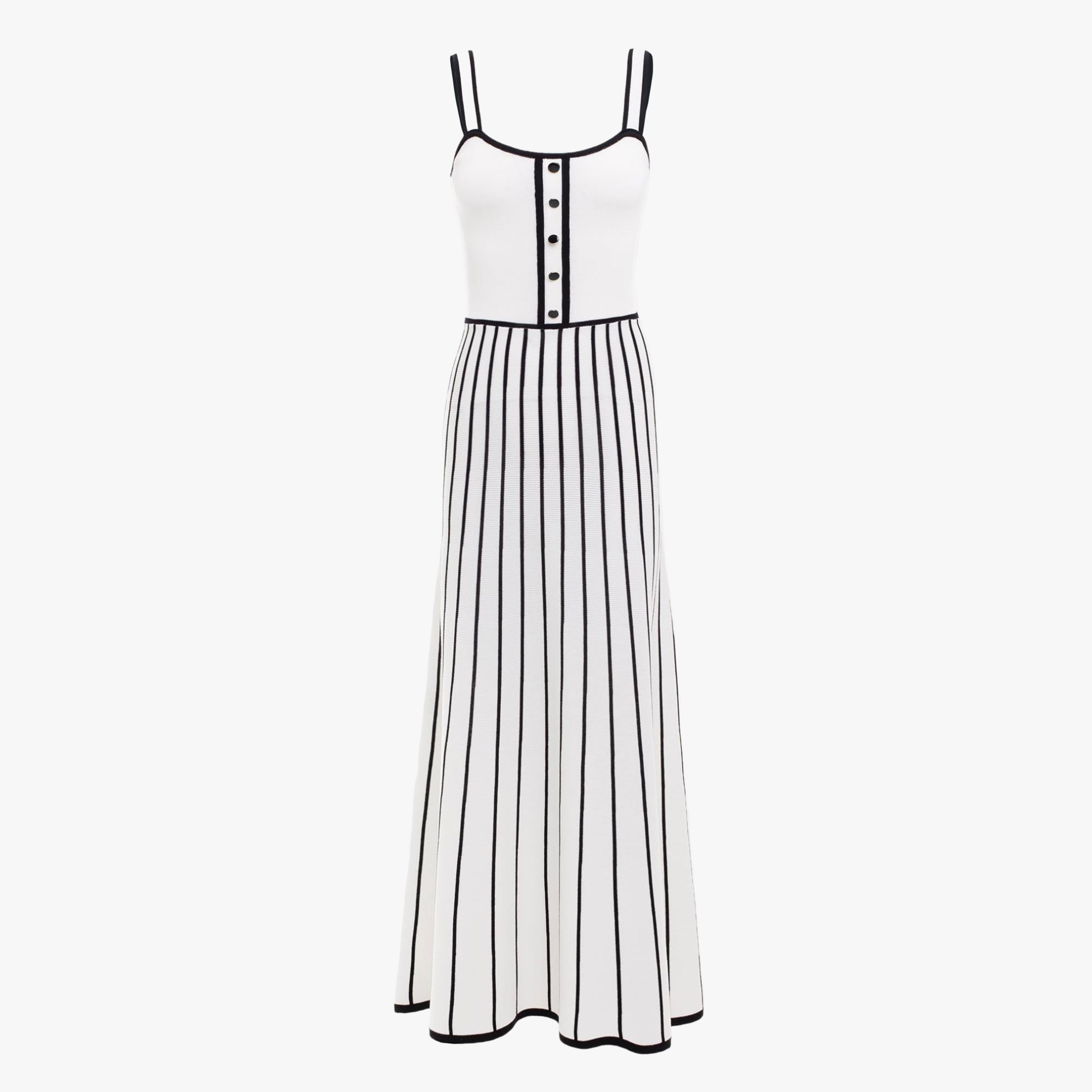 Women's Off-White Midi Dress – Square Neck, Button-Down Bodice, Striped A-Line Skirt-81027-d683cab6-5eba-4c0f-9374-cd6f57c56148