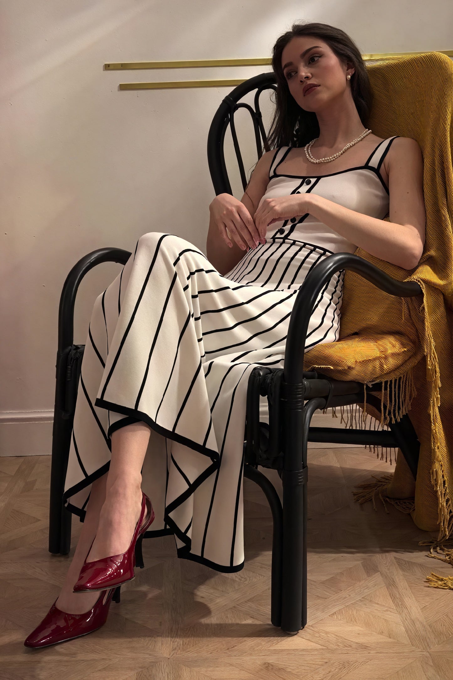 Women's Off-White Midi Dress – Square Neck, Button-Down Bodice, Striped A-Line Skirt-81027-1feda6d2-ba50-4660-a0bd-946adab6c26e