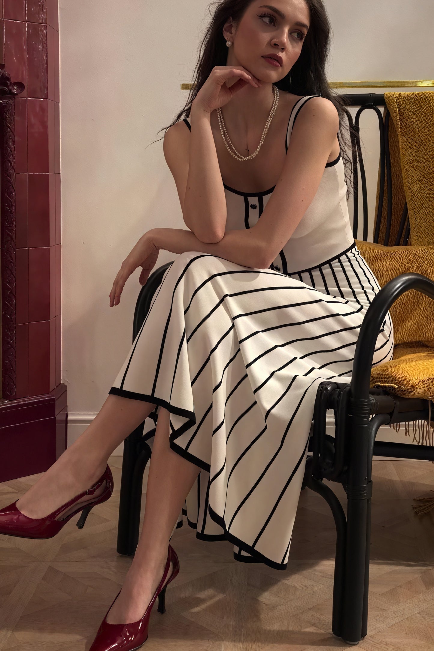 Women's Off-White Midi Dress – Square Neck, Button-Down Bodice, Striped A-Line Skirt-81027-6857017f-2f8e-4902-87d9-43cd0653cb7c
