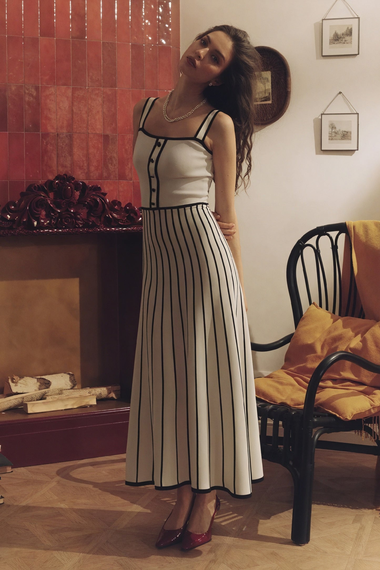 Women's Off-White Midi Dress – Square Neck, Button-Down Bodice, Striped A-Line Skirt-81027-dcef8801-c203-4c05-a48c-a1d3e6c27886