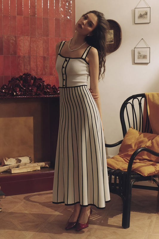 Women's Off-White Midi Dress – Square Neck, Button-Down Bodice, Striped A-Line Skirt-81027-dcef8801-c203-4c05-a48c-a1d3e6c27886