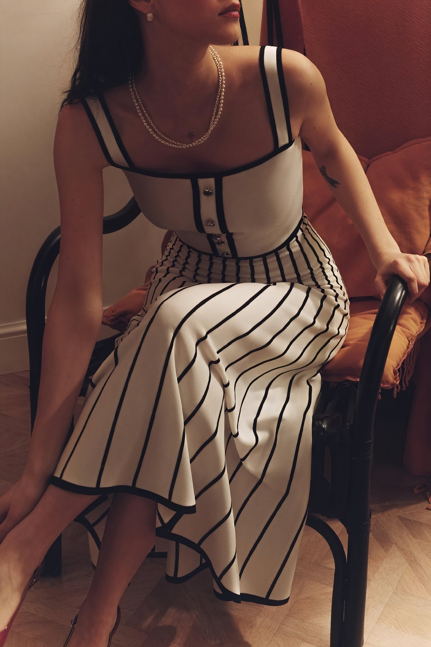 Women's Off-White Midi Dress – Square Neck, Button-Down Bodice, Striped A-Line Skirt-81027-2bf03254-2beb-416f-a0ea-deb62580281a