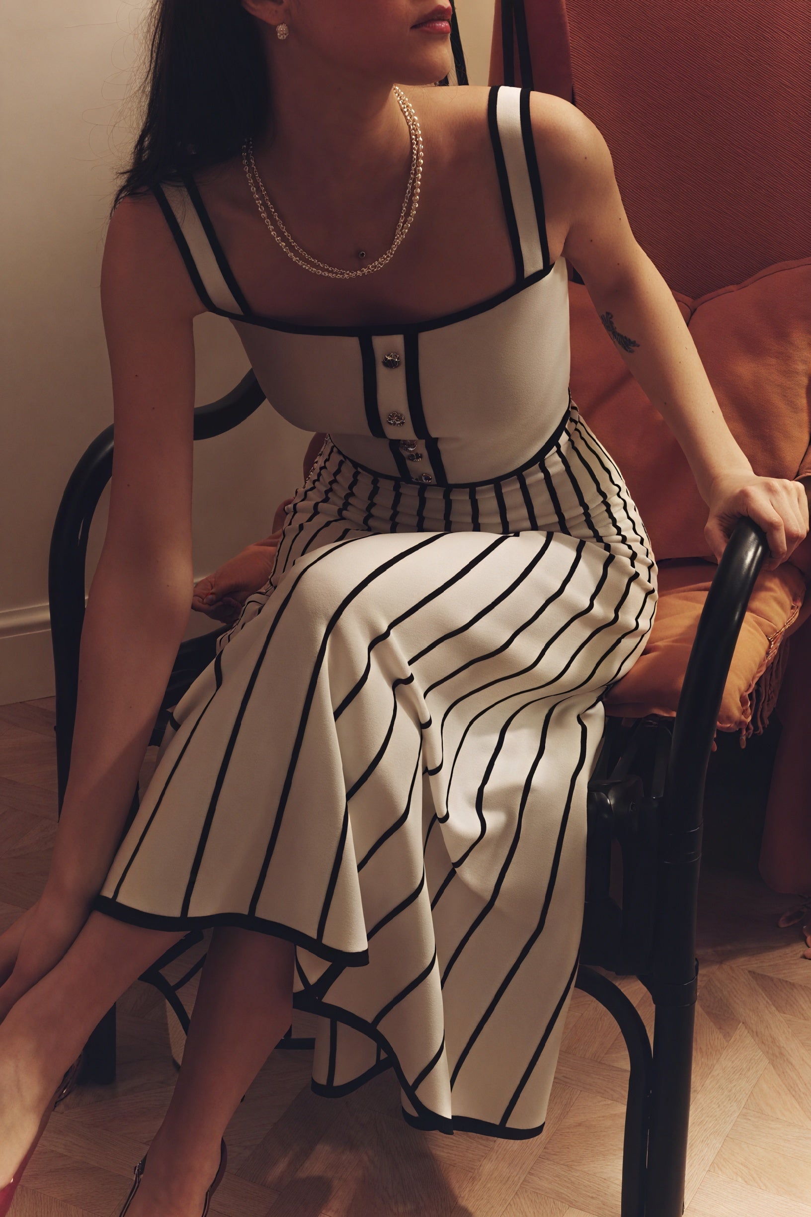 Women's Off-White Midi Dress – Square Neck, Button-Down Bodice, Striped A-Line Skirt-81027-2bf03254-2beb-416f-a0ea-deb62580281a