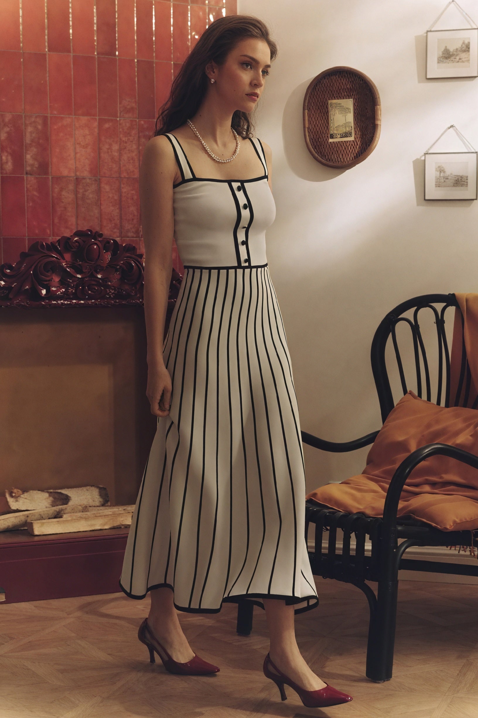 Women's Off-White Midi Dress – Square Neck, Button-Down Bodice, Striped A-Line Skirt-81027-b27ac925-7dbe-42ec-b17d-62f33dc1c953