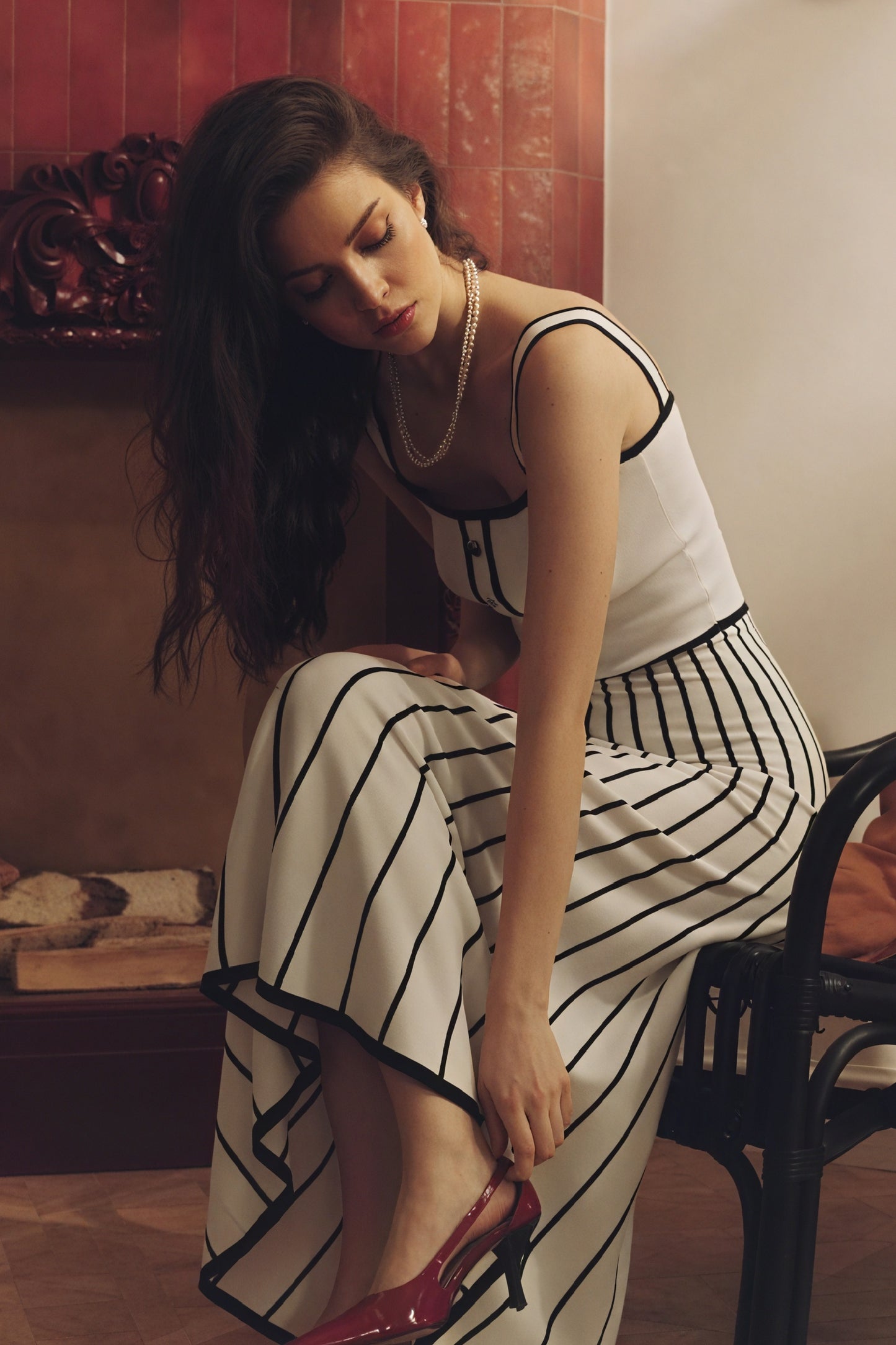 Women's Off-White Midi Dress – Square Neck, Button-Down Bodice, Striped A-Line Skirt-81027-26abf2f2-0c9c-46b6-b1eb-5e0b37924225