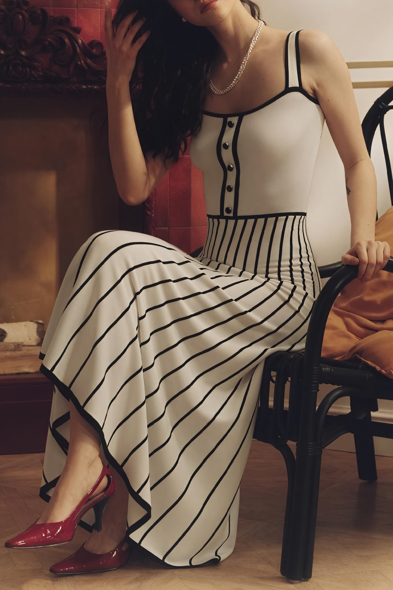 Women's Off-White Midi Dress – Square Neck, Button-Down Bodice, Striped A-Line Skirt-81027-bbd7ce51-5f32-4a32-9906-a22cd108cd5e