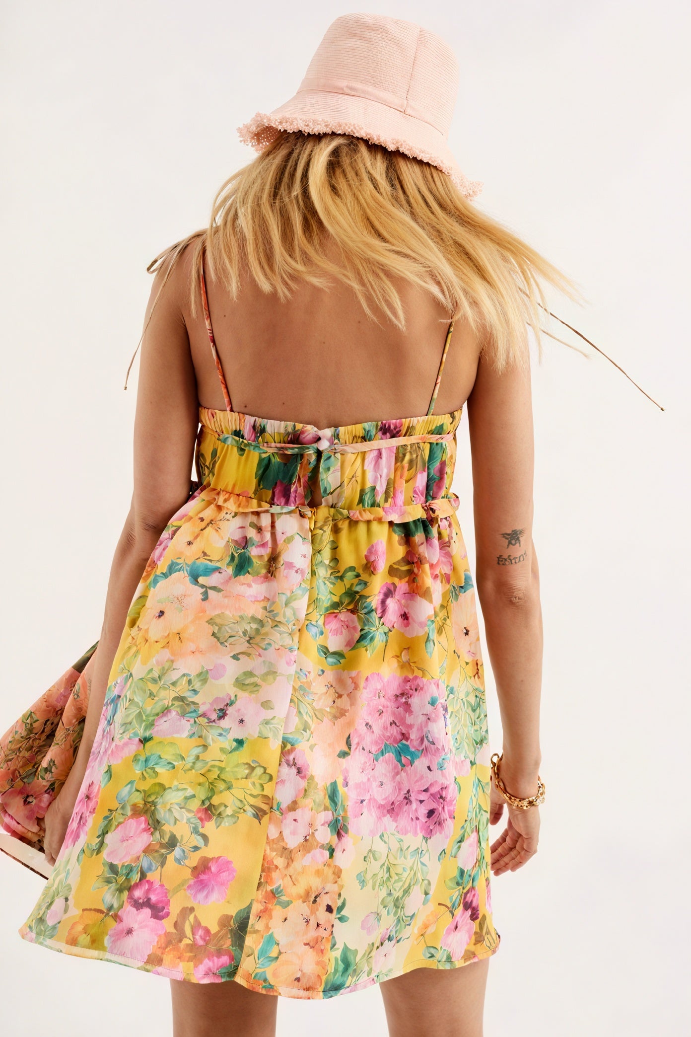 Women's Yellow Floral Chiffon Mini Dress – Ruched Bodice, Spaghetti Straps, Bohemian Style-81039-769b9c5a-97d7-4bc5-8003-7d33a1232b2c