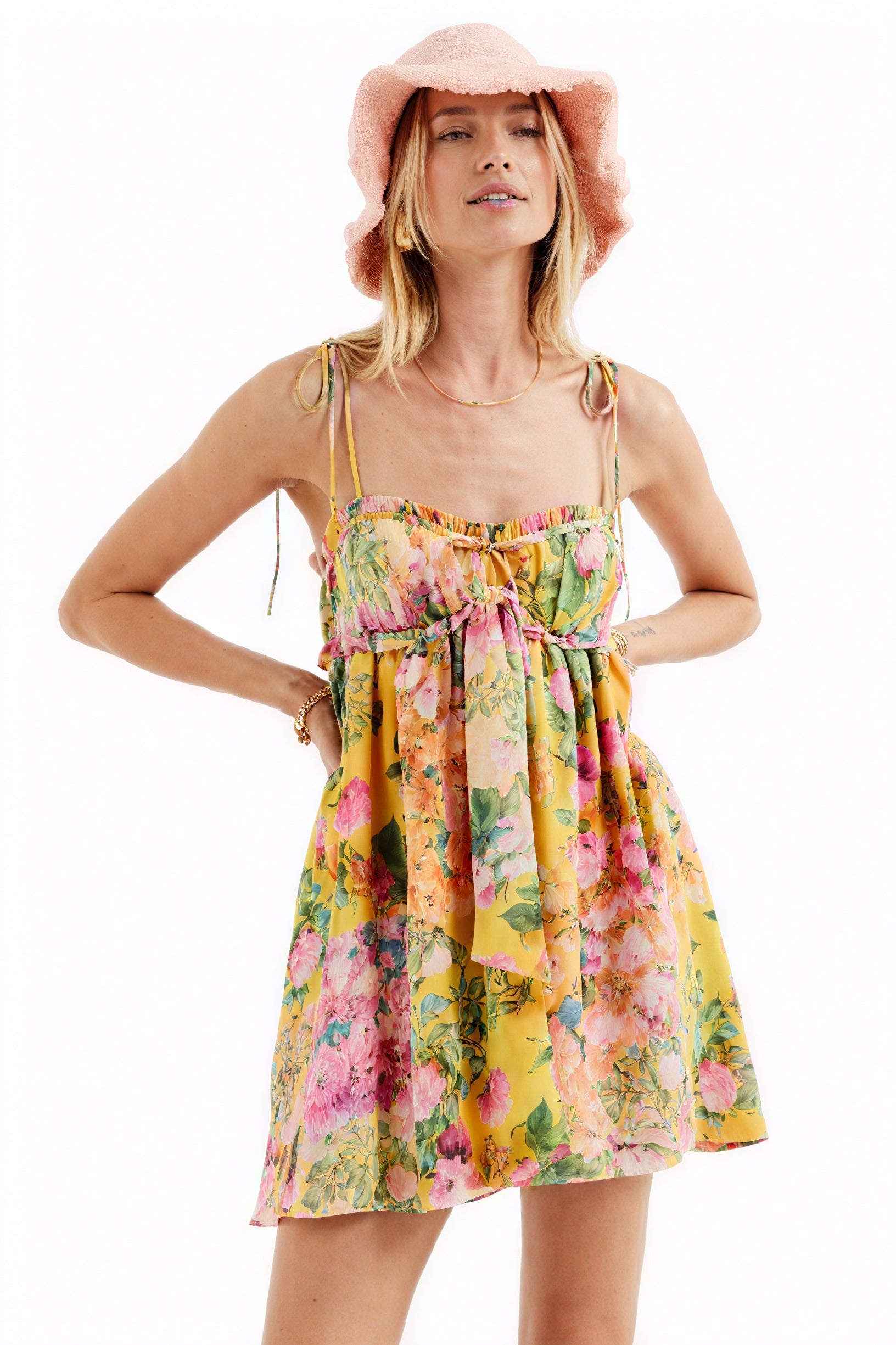 Women's Yellow Floral Chiffon Mini Dress – Ruched Bodice, Spaghetti Straps, Bohemian Style-81039-16ab25d4-dfb6-47bb-9203-f0dc135c54fa