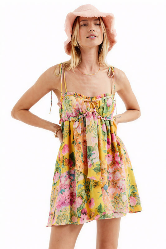 Women's Yellow Floral Chiffon Mini Dress – Ruched Bodice, Spaghetti Straps, Bohemian Style-81039-16ab25d4-dfb6-47bb-9203-f0dc135c54fa