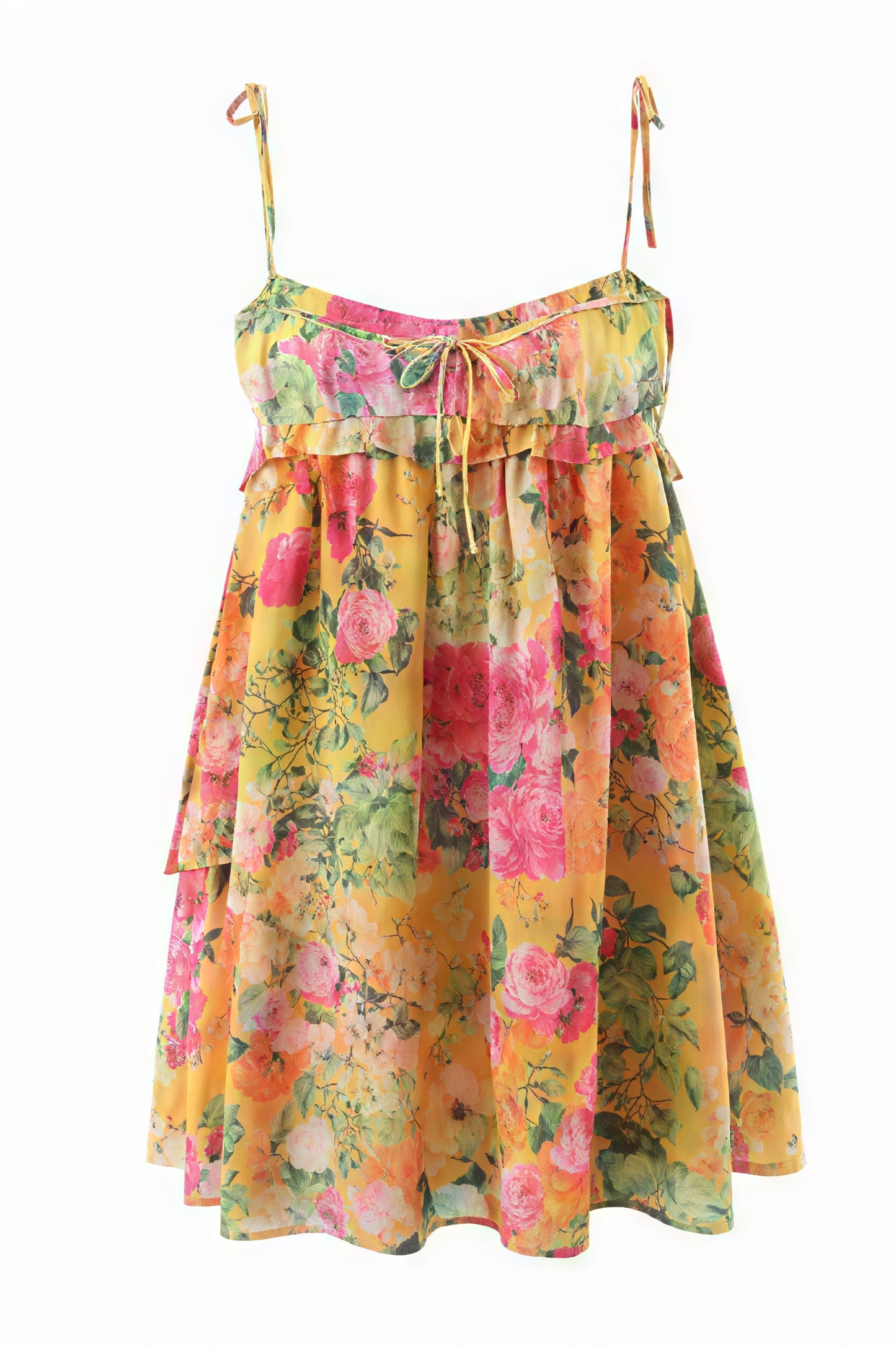 Women's Yellow Floral Chiffon Mini Dress – Ruched Bodice, Spaghetti Straps, Bohemian Style-81039-881ef949-a682-4f0e-a102-d1a19d9491dc