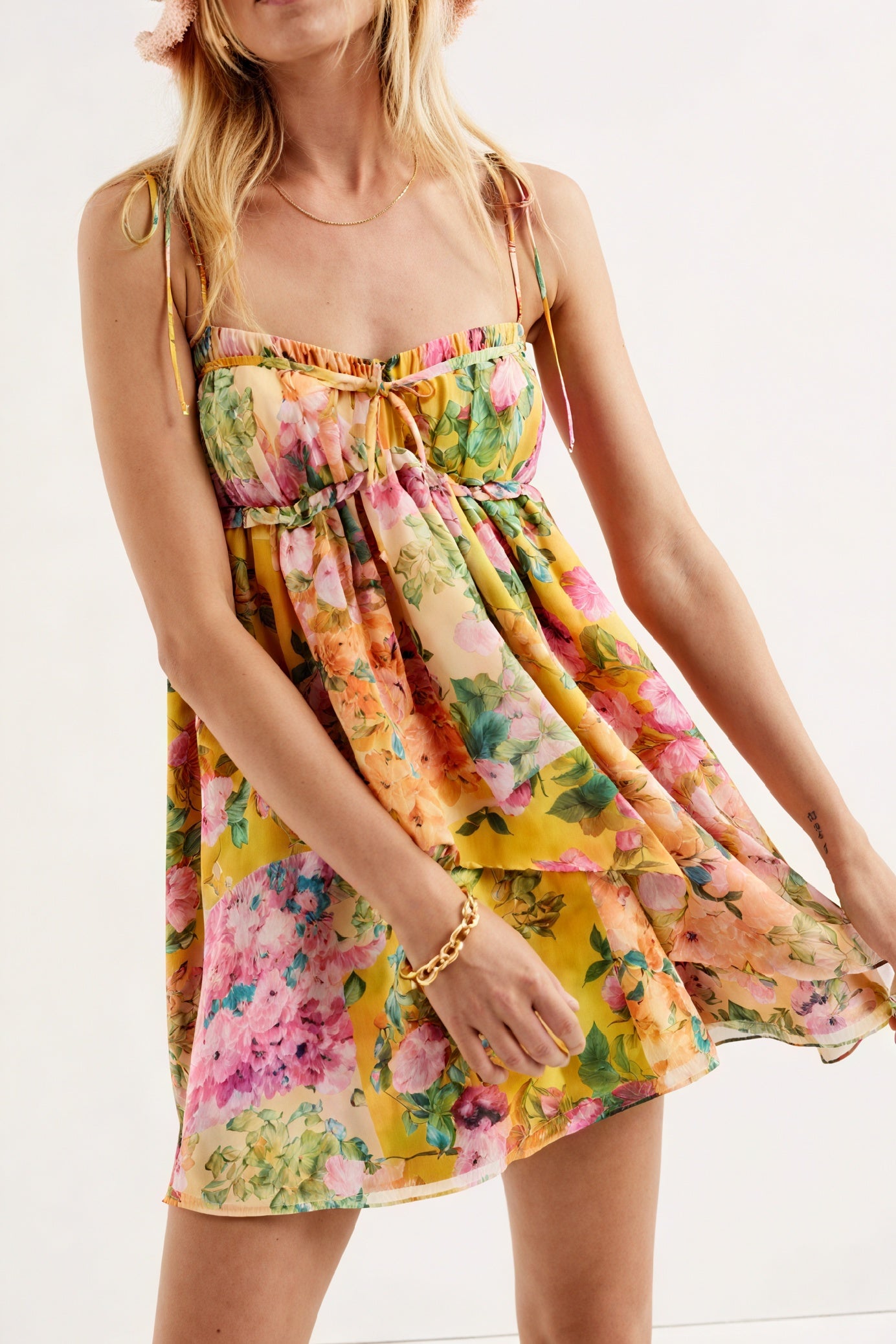 Women's Yellow Floral Chiffon Mini Dress – Ruched Bodice, Spaghetti Straps, Bohemian Style-81039-980848ce-4999-445e-a062-987ac94a3438