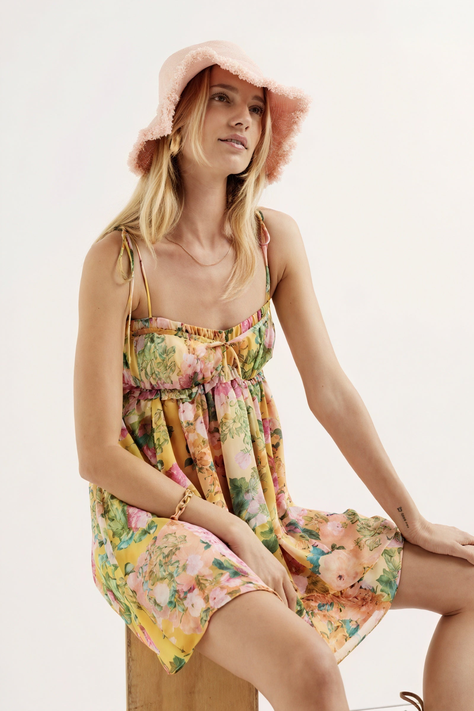 Women's Yellow Floral Chiffon Mini Dress – Ruched Bodice, Spaghetti Straps, Bohemian Style-81039-4b17dfcc-de08-4af6-8ffe-6b2d648e6e9a