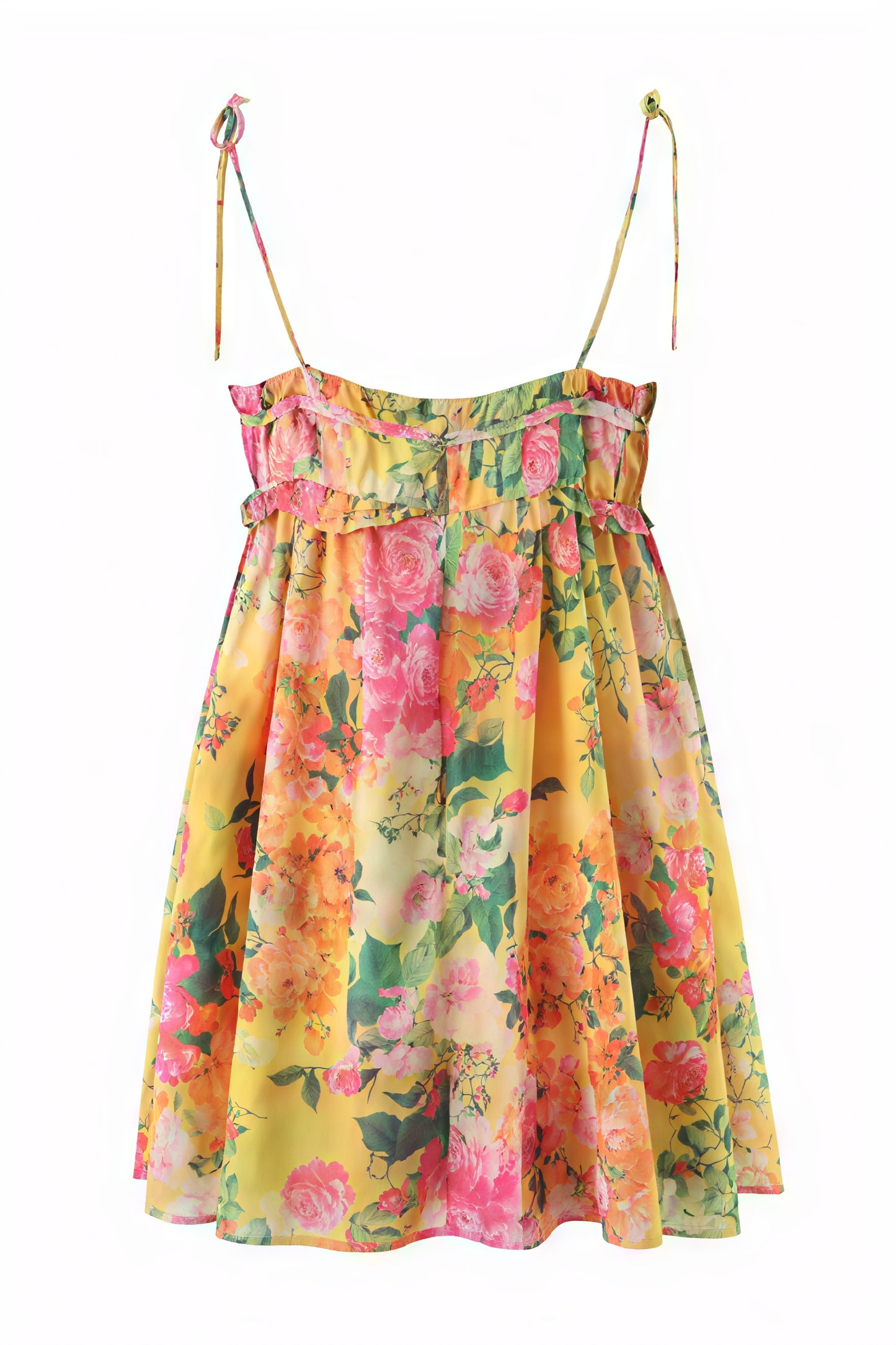 Women's Yellow Floral Chiffon Mini Dress – Ruched Bodice, Spaghetti Straps, Bohemian Style-81039-568d4505-64d4-4706-a402-651163e532c2