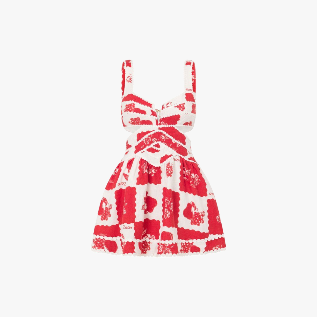 Women's Mini Dress – Red White Floral Cotton, Deep V-Neck Cut-Out, Bohemian-81055-d6b141ad-9aa9-439f-b8f6-63ca6062c4fe