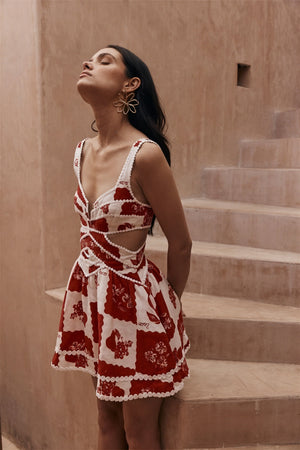 Women's Mini Dress – Red White Floral Cotton, Deep V-Neck Cut-Out, Bohemian-81055-a8052f8d-88c3-4ea6-bd22-3366eb1ec6f0