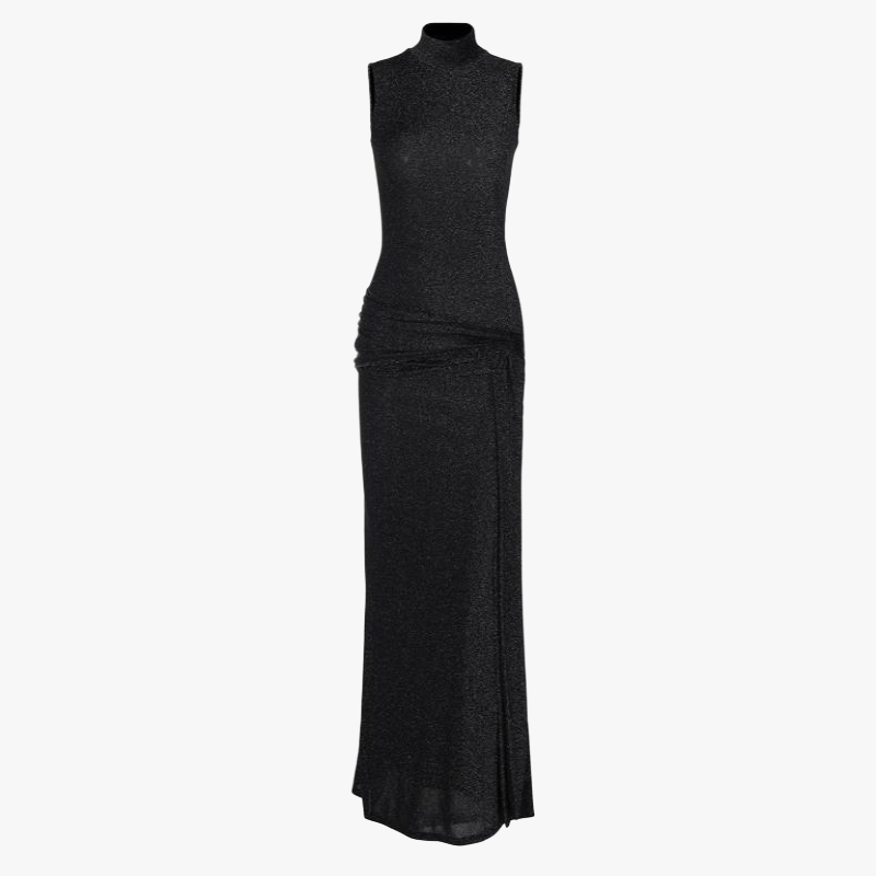 Women's Black Maxi Dress – High Neck, Sleeveless, Gathered Waist, Floor-Length, Elegant Style-81057-726c97b9-b66f-44bc-a271-44439bfea2b5