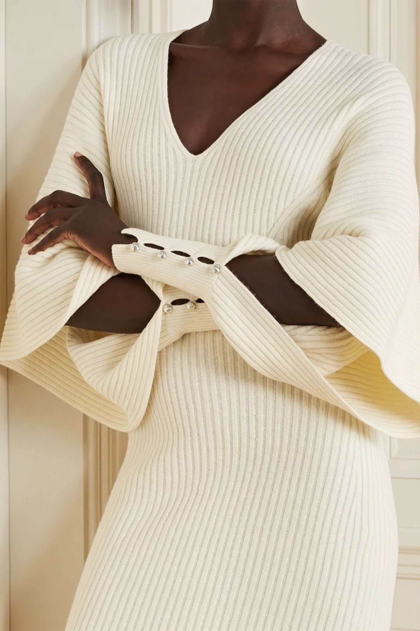 Women's Ribbed Knit Midi Dress – V-Neck Flared Cape Sleeves, Form-Fitting, Cream/Gray-81064-7424dd42-e019-45f7-8d97-d7661c4b879f