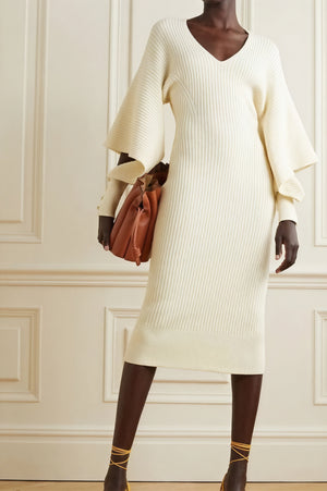 Women's Ribbed Knit Midi Dress – V-Neck Flared Cape Sleeves, Form-Fitting, Cream/Gray-81064-aa22b29c-65f1-48a1-9935-e4147d346e40