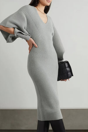 Women's Ribbed Knit Midi Dress – V-Neck Flared Cape Sleeves, Form-Fitting, Cream/Gray-81064-4f6e7f18-e637-41a1-b338-862f02298f73