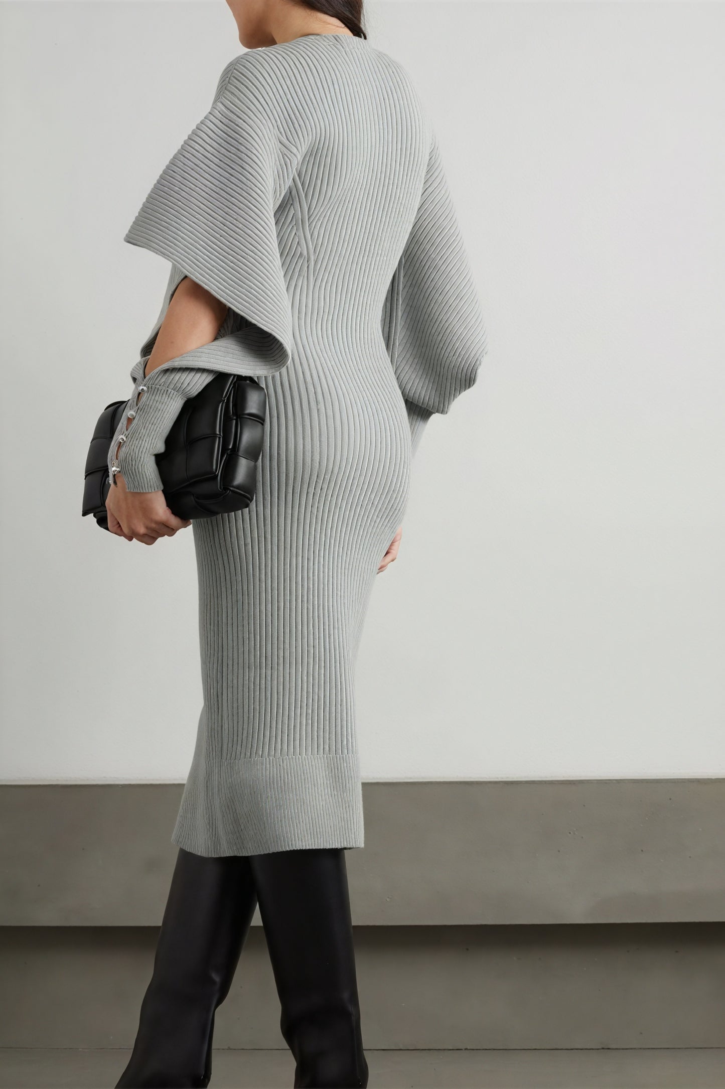 Women's Ribbed Knit Midi Dress – V-Neck Flared Cape Sleeves, Form-Fitting, Cream/Gray-81064-cf56d453-6961-442a-a623-52bd0b667ff0