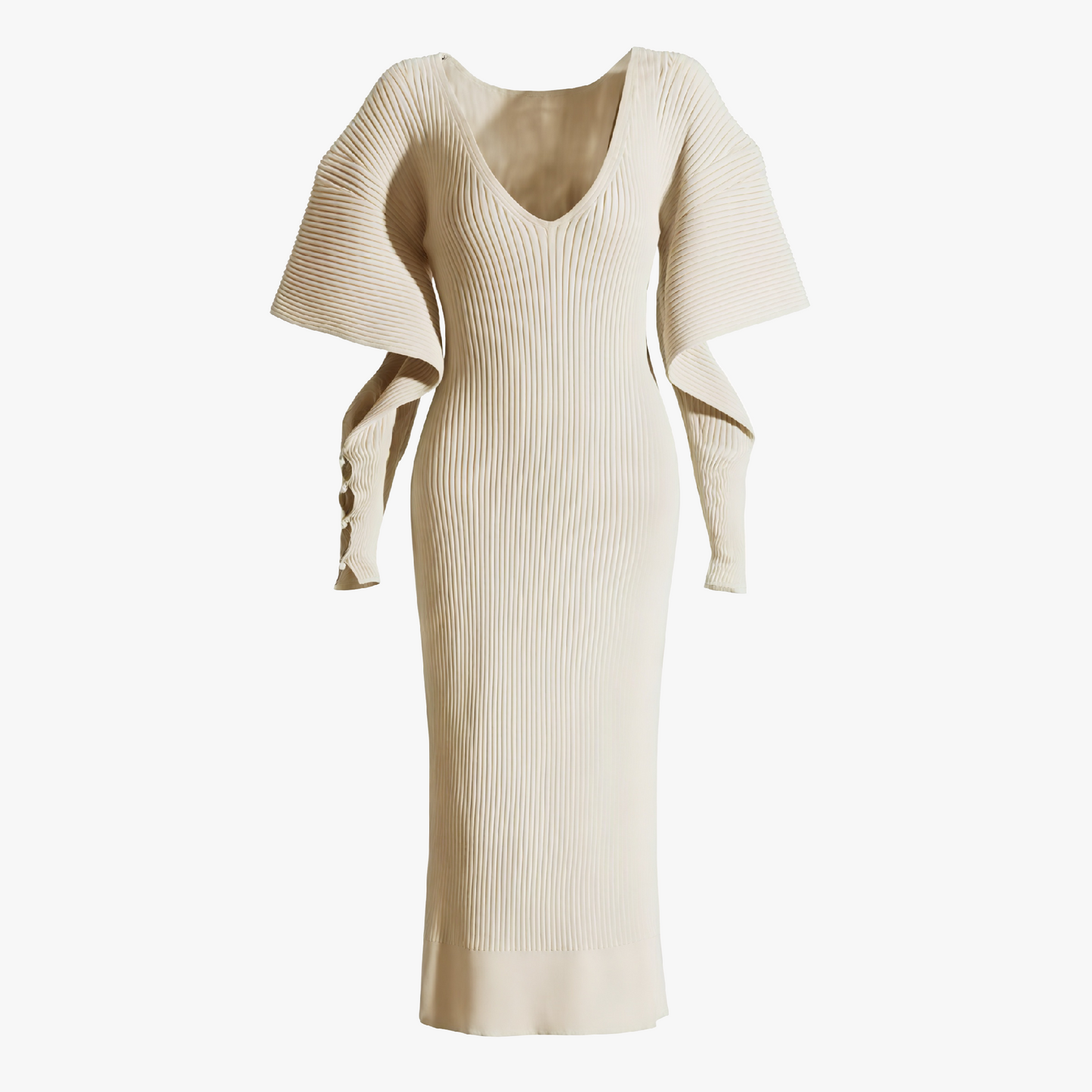Women's Ribbed Knit Midi Dress – V-Neck Flared Cape Sleeves, Form-Fitting, Cream/Gray-81064-5c736d08-1999-4c01-9405-03a1219b4195