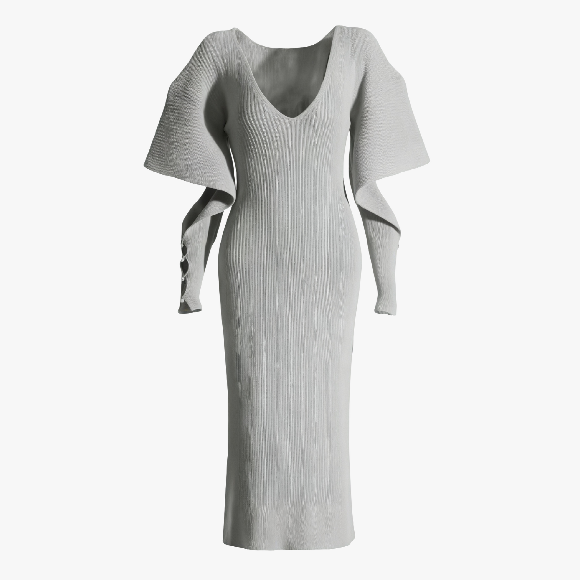 Women's Ribbed Knit Midi Dress – V-Neck Flared Cape Sleeves, Form-Fitting, Cream/Gray-81064-69dd3a44-20b5-4f4c-a987-cf64cadb6972