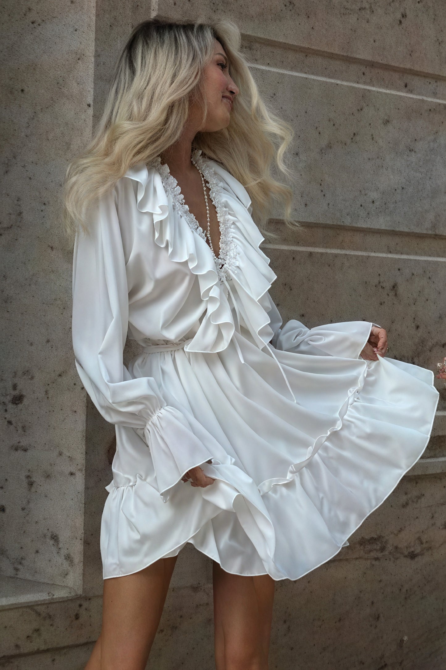 Women's White Mini Dress – Satin Ruffle, Deep V-Neck, Billowy Sleeves-81065-ff74034c-60bb-408d-9b3a-696723551de5
