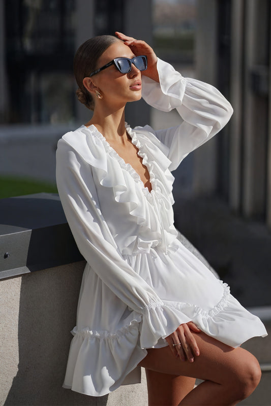 Women's White Mini Dress – Satin Ruffle, Deep V-Neck, Billowy Sleeves-81065-ca1db449-ed80-4ba7-aacb-a015b988b1b8