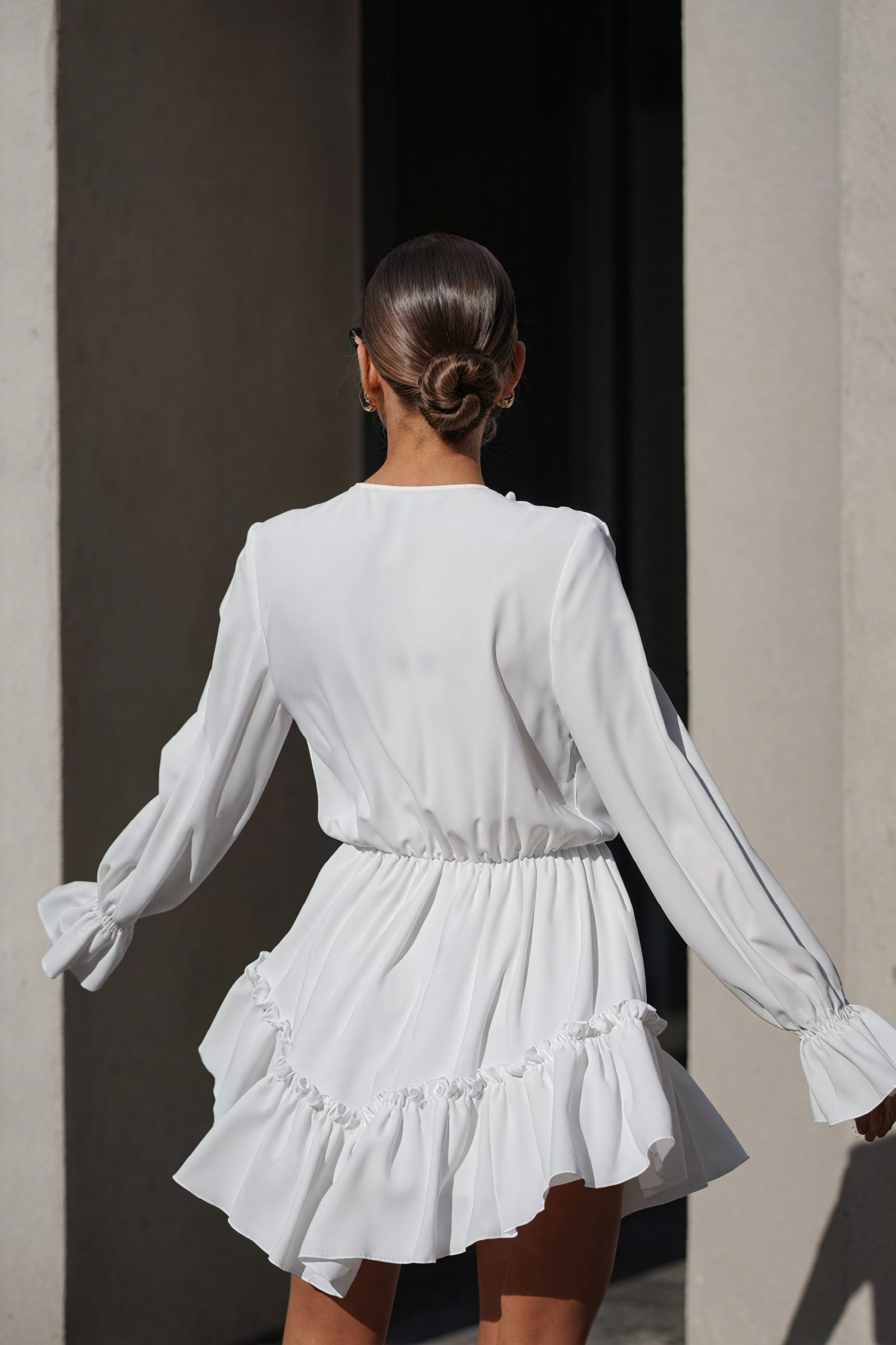 Women's White Mini Dress – Satin Ruffle, Deep V-Neck, Billowy Sleeves-81065-f2d1ce1b-5b08-4e13-b53d-d32884e09586
