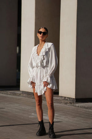 Women's White Mini Dress – Satin Ruffle, Deep V-Neck, Billowy Sleeves-81065-bb70e540-ebad-4a1a-9875-958c693ed011