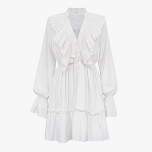 Women's White Mini Dress – Satin Ruffle, Deep V-Neck, Billowy Sleeves-81065-ba780a9b-1625-4a76-af64-b8a16863c7d2