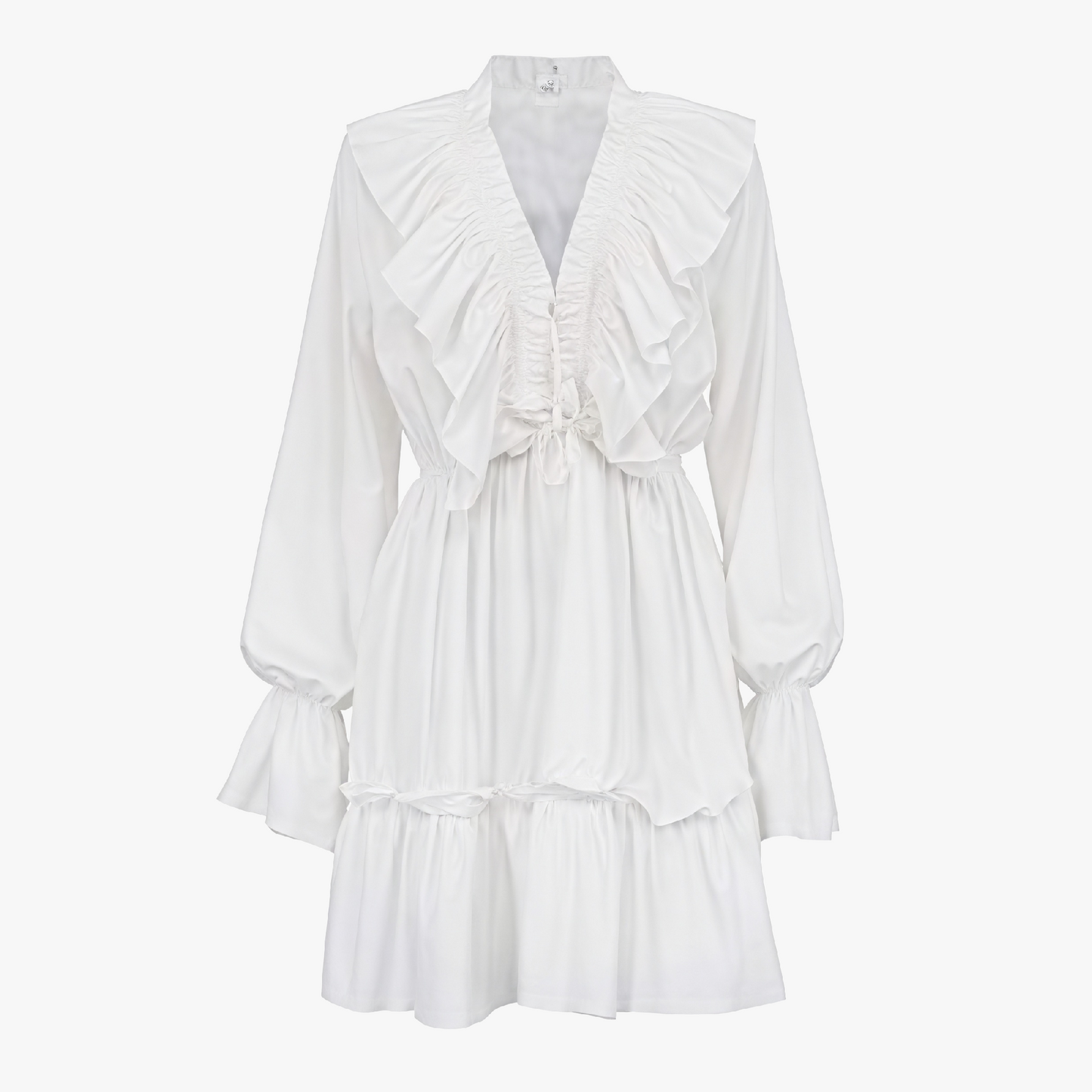 Women's White Mini Dress – Satin Ruffle, Deep V-Neck, Billowy Sleeves-81065-ba780a9b-1625-4a76-af64-b8a16863c7d2