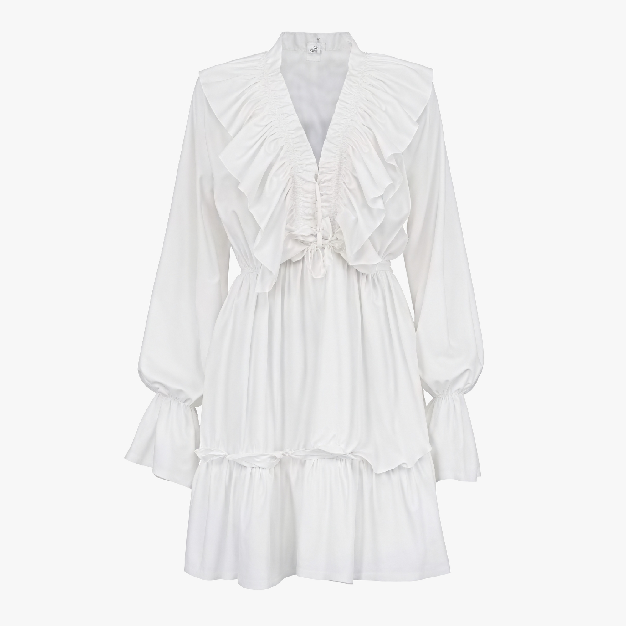 Women's White Mini Dress – Satin Ruffle, Deep V-Neck, Billowy Sleeves-81065-ba780a9b-1625-4a76-af64-b8a16863c7d2