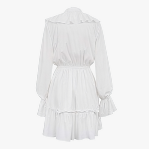 Women's White Mini Dress – Satin Ruffle, Deep V-Neck, Billowy Sleeves-81065-1b8f81a9-4eeb-4c88-afa9-112fb48dc0bb
