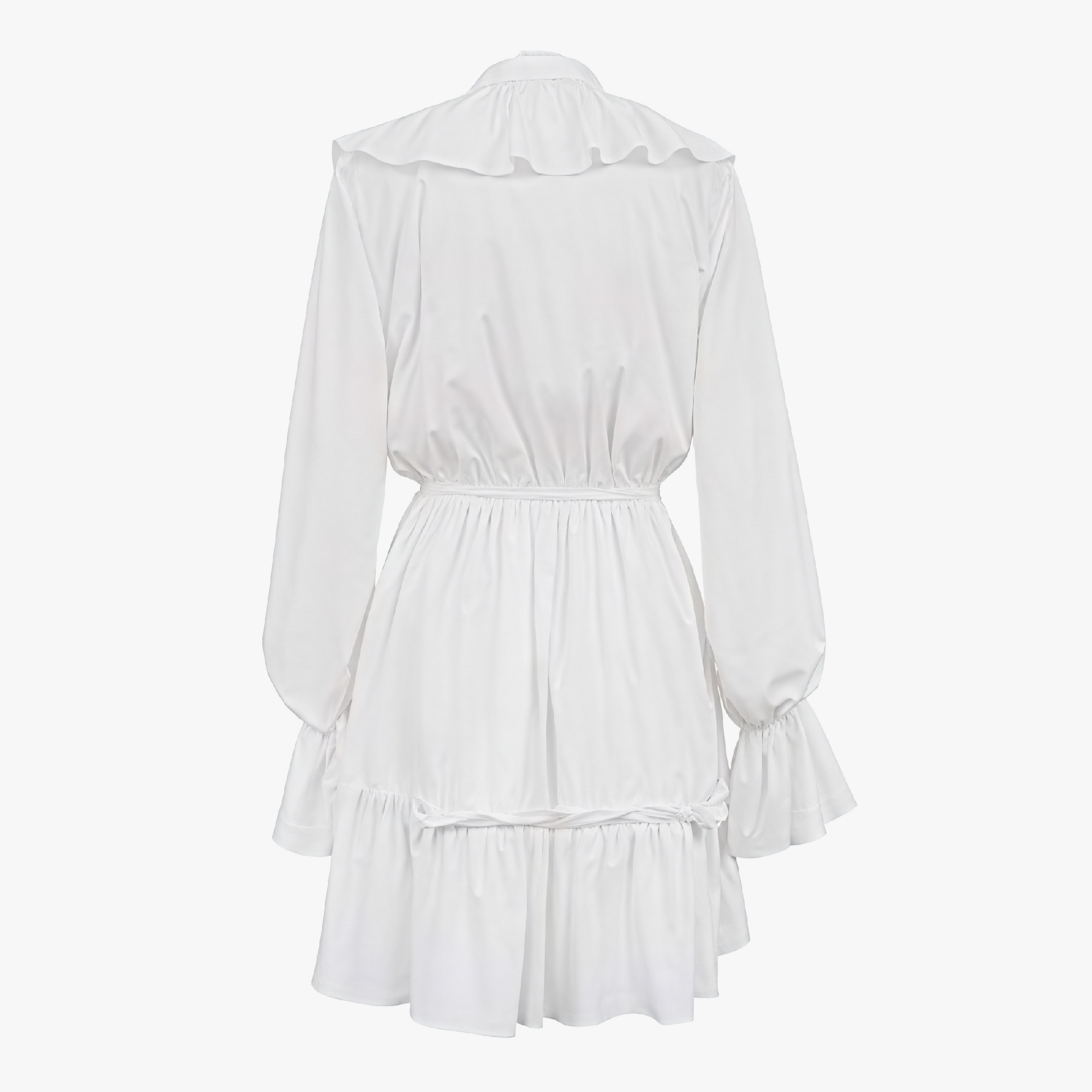 Women's White Mini Dress – Satin Ruffle, Deep V-Neck, Billowy Sleeves-81065-1b8f81a9-4eeb-4c88-afa9-112fb48dc0bb