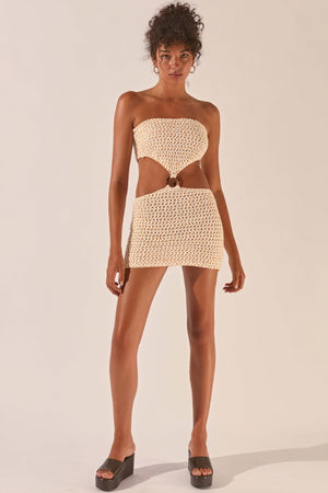 Women's Beige Crochet Two-Piece Dress with Bandeau Top, High-Waisted Skirt, Side Cutouts & Gold Ring Detail-81067-2e10f350-07b0-4353-9d95-295fcbc586e6
