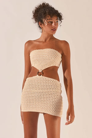 Women's Beige Crochet Two-Piece Dress with Bandeau Top, High-Waisted Skirt, Side Cutouts & Gold Ring Detail-81067-9cc5e990-aa88-4bb0-8d82-9f3b83b95b05