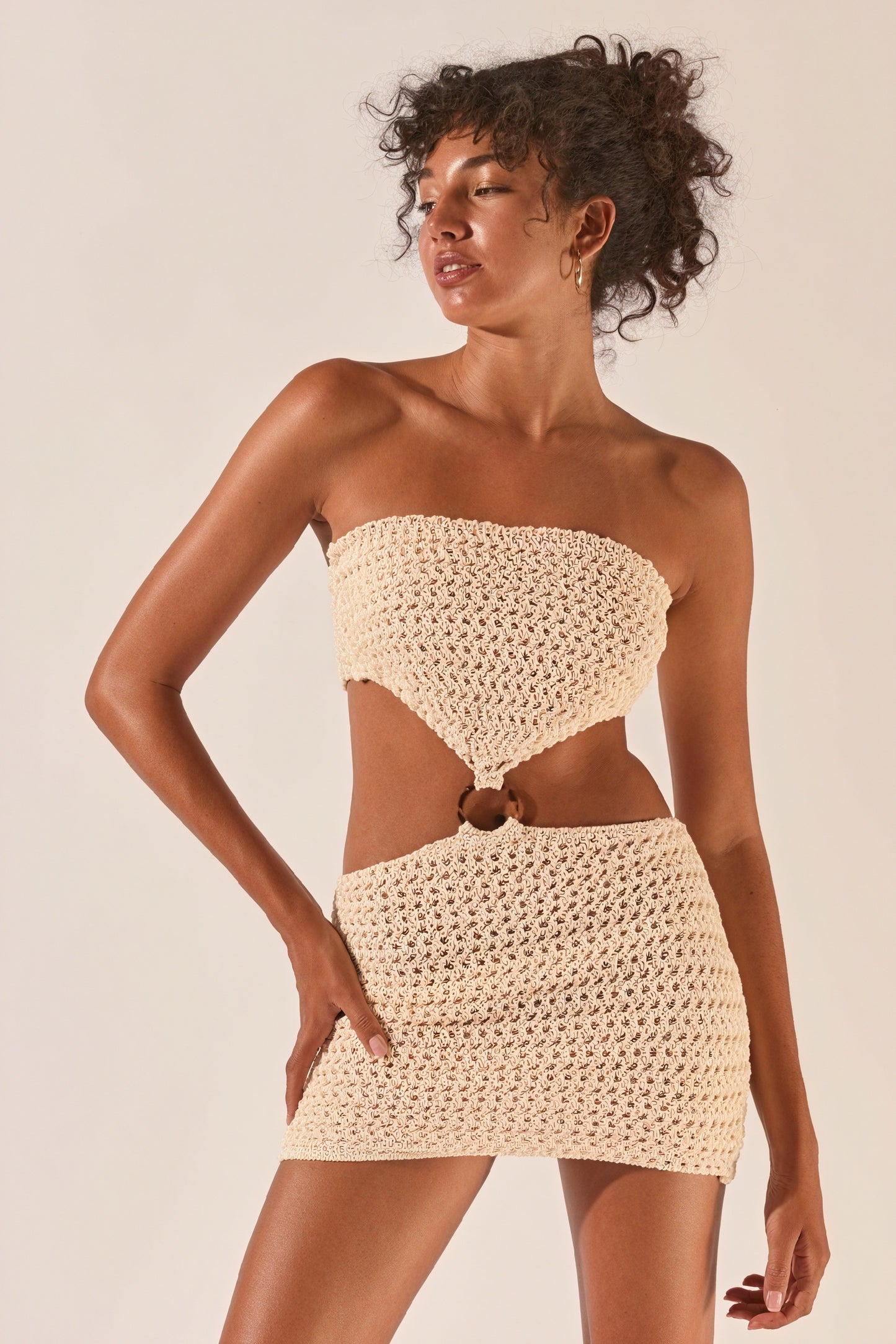 Women's Beige Crochet Two-Piece Dress with Bandeau Top, High-Waisted Skirt, Side Cutouts & Gold Ring Detail-81067-66ddea35-d065-4045-abdd-e761becd3bc4
