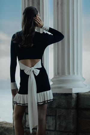 Women's Black Knit Dress – Contrast Collar, Gold Buttons, Ruffled Hem, Ribbed Fit-81069-d484dc35-2030-488f-a3ef-9d822f879f5a